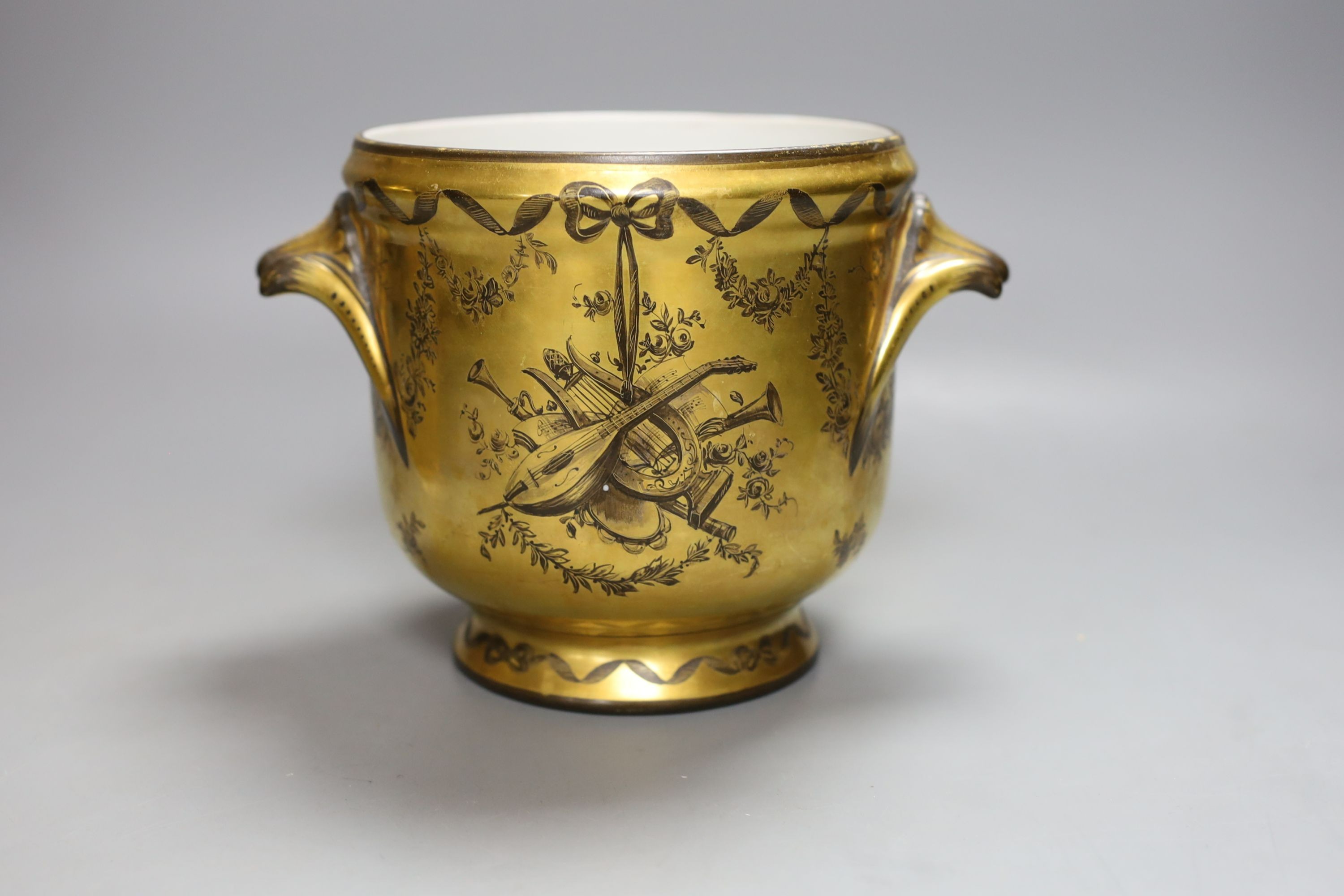 A French gilt ground porcelain cache pot, together with a matching box, ashtray and a vase - tallest 24cm